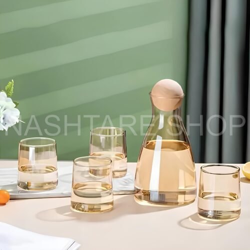 Classic Glass Water Set with Cork Lid | طقم أكواب زجاجية مع إبريق وغطاء خشب