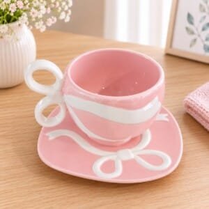 Ribbon Ceramic Cup & Saucer | فنجان سيراميك مع صحن بتصميم بابيون
