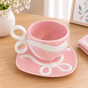 Ribbon Ceramic Cup & Saucer | فنجان سيراميك مع صحن بتصميم بابيون