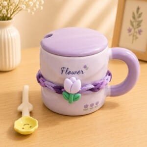 Floral Cup with Lid & Spoon | كوب بتصميم الأزهار مع غطاء وملعقة