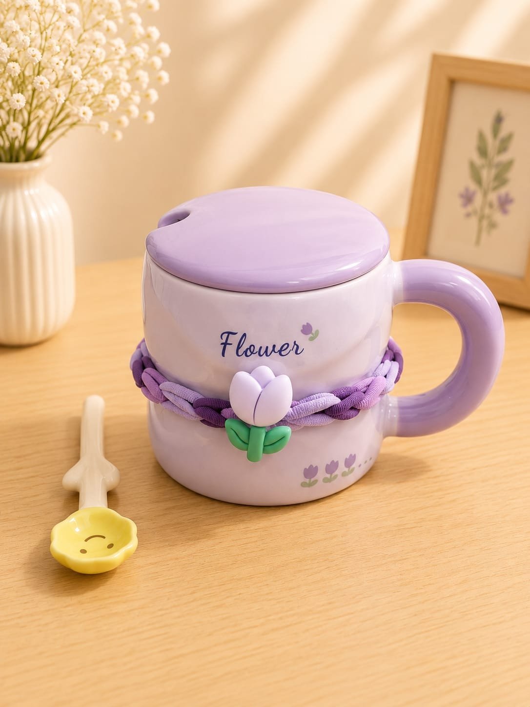 Floral Cup with Lid & Spoon | كوب بتصميم الأزهار مع غطاء وملعقة